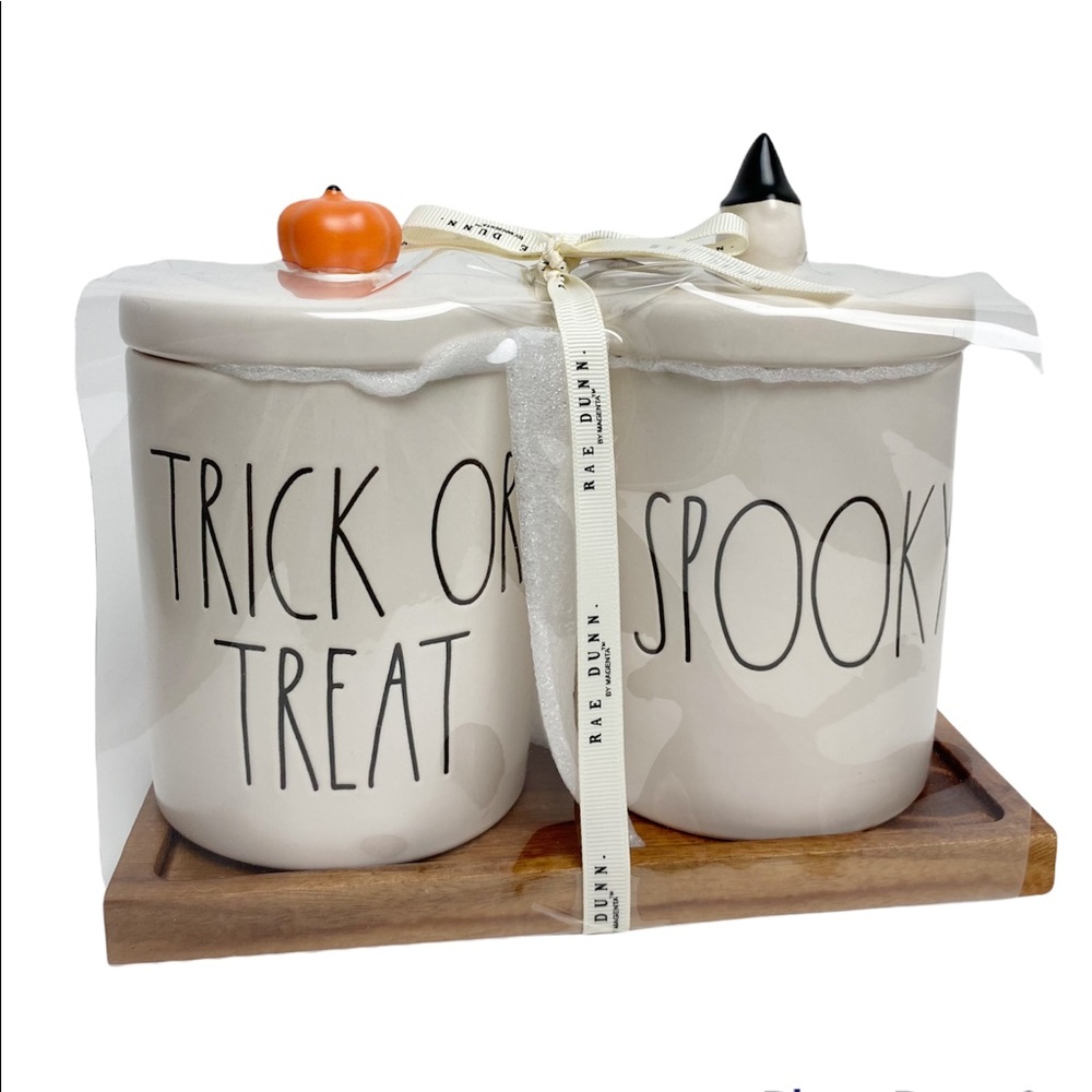 🎃👻NWT Rae Dunn TRICK OR TREAT & SPOOKY Small Canister Set With Tray